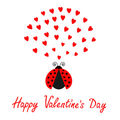 Red flying lady bug insect with hearts. Cute cartoon character. Happy Valentines Day. Love card. White background. Flat design.