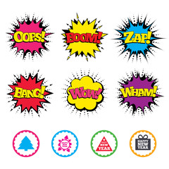 Happy new year sign. Christmas trees.