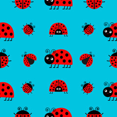 Ladybug Ladybird icon set. Baby collection. Funny insect. Seamless Pattern Wrapping paper, textile template. Blue background. Flat design.