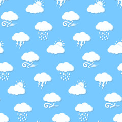 Blue sky with many cloud, vector seamless background.