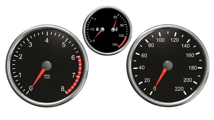 Tachometer , speedometer, fuel and temperatur.  Round gauges in chrome frames isolated on white background