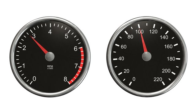 Tachometer and speedometer. Round gauges in chrome frames isolated on white background