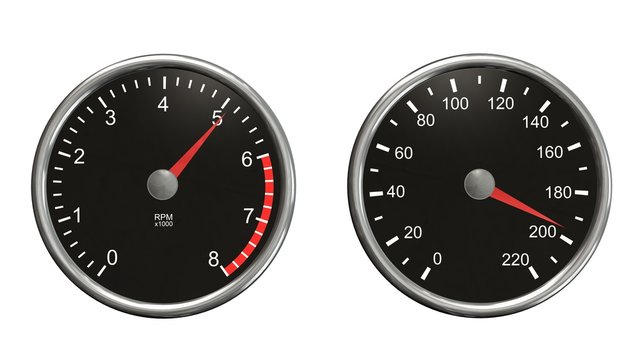 Tachometer and speedometer. Round gauges in chrome frames isolated on white background
