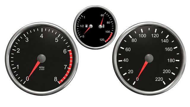 Tachometer , speedometer, fuel and temperatur.  Round gauges in chrome frames isolated on white background