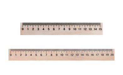 Two lines of wood 20 and 15 centimeters on a white background, isolated. Stationery, education