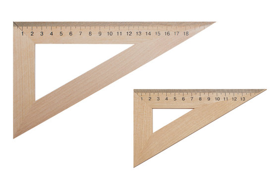 Two triangular ruler made of wood 20 and 15 centimeters on a white, isolated background. Office supplies, education