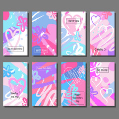 Valentine`s Day creative artistic hand drawn cards set. Vector illustration. Wedding, love, romantic template.