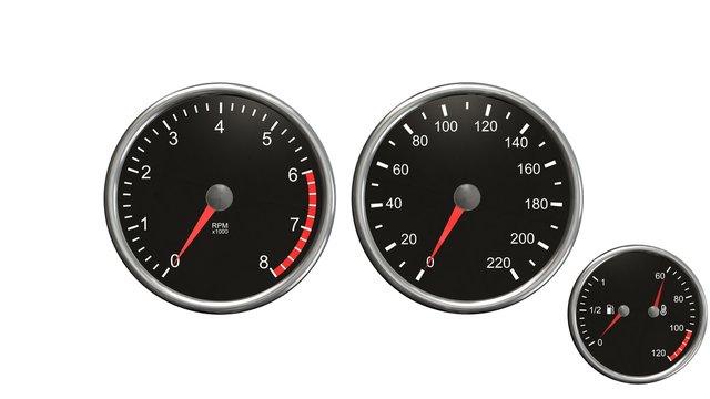 Tachometer , speedometer, fuel and temperatur.  Round gauges in chrome frames isolated on white background