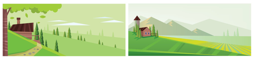 Digital vector abstract background collection set with pines, green fields and clouds, falling leaves, a village house, flat triangle style