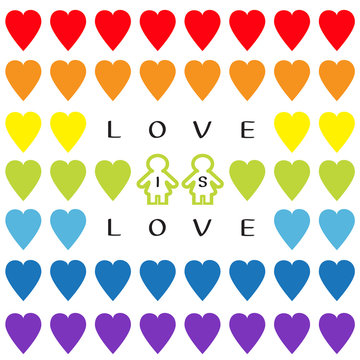 Love is love text. Rainbow heart set. Gay marriage Pride symbol Two contour woman sign Seamless Pattern. Lgbt sign symbol. White background. Isolated. Flat design.