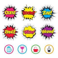 Drinks signs. Coffee cup, glass of beer icons.