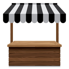 Wooden market stall with black and grey awning on white background.