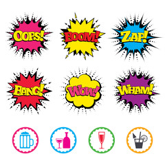 Alcoholic drinks signs. Champagne, beer icons.
