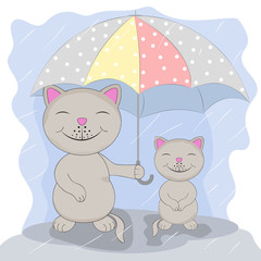 Two cute cartoon cat  with umbrella under the rain.