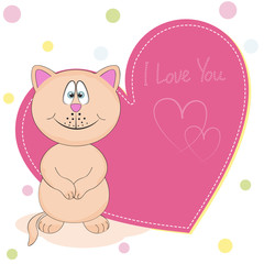 Cartoon happy  cat with  a heart. Greeting card and an inscription - I love you