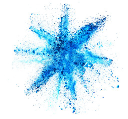 Explosion of blue powder on white background