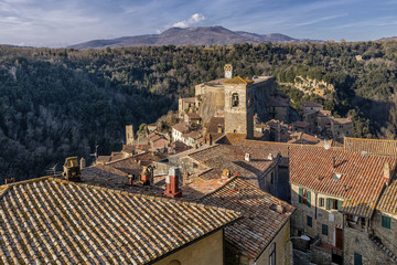 Naklejka premium Superb view of the historic center and the Masso Leopoldino di Sorano from the Orsini Fortress, Grosseto, Tuscany, Italy