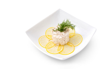 Seafood salad on a brown background