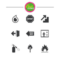 Fire safety, emergency icons. Extinguisher sign.