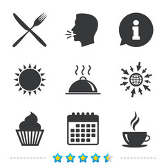 Food icons. Muffin cupcake symbol. Fork, knife.