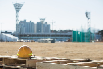 Helmet is on pallets on the background of the stadium in Gangneung, South Korea