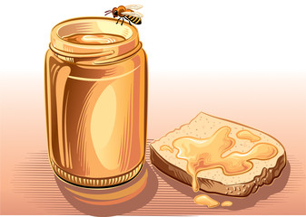Jar of honey bee resting, and a slice of bread