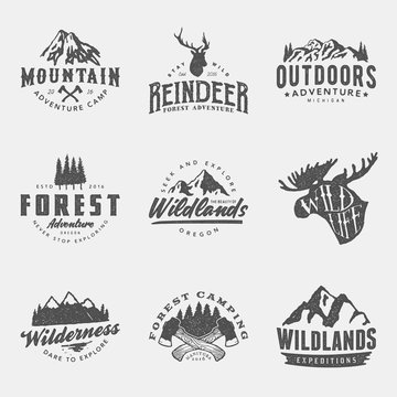 set of vintage hand drawn outdoor adventure badges and labels