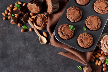 Chocolate muffins, brownies with nuts and chocolate.