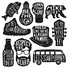 set of hand drawn vintage labels with textured illustrations and inspirational quotes