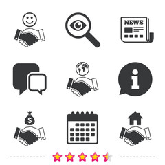 Handshake icons. World, Smile happy face.