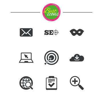 Internet, seo icons. Checklist, target signs.