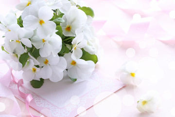 Bouquet of beautiful white viola flowers on a pastel pink background