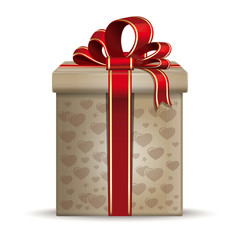 Valentine gift box with heart. Vintage cardboard box with red ribbon and bow for romantic events. Vector illustration isolated on white background