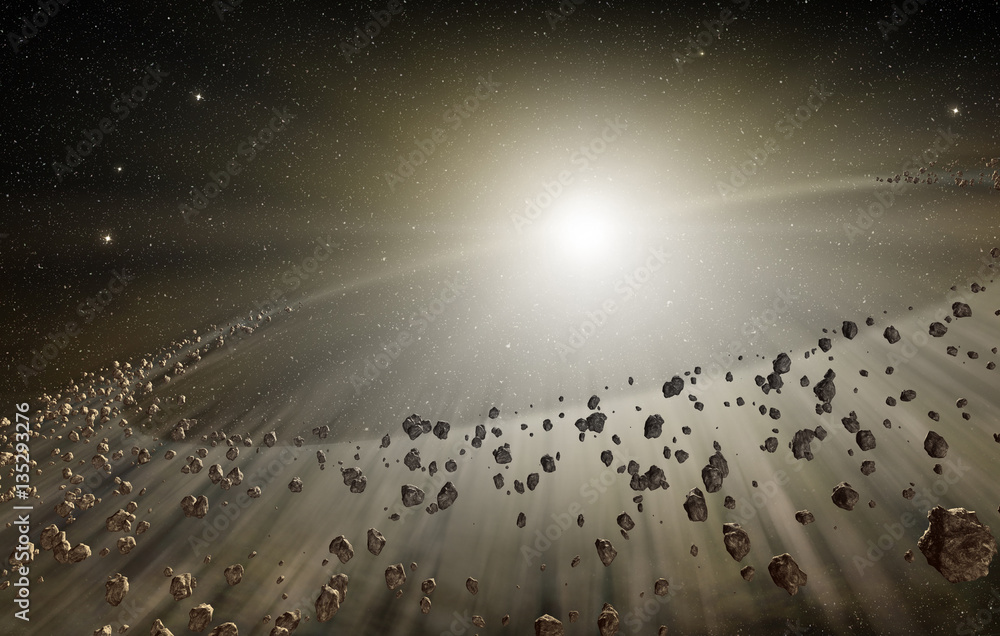 Poster shining explosion and scattered rocks in the deep space
