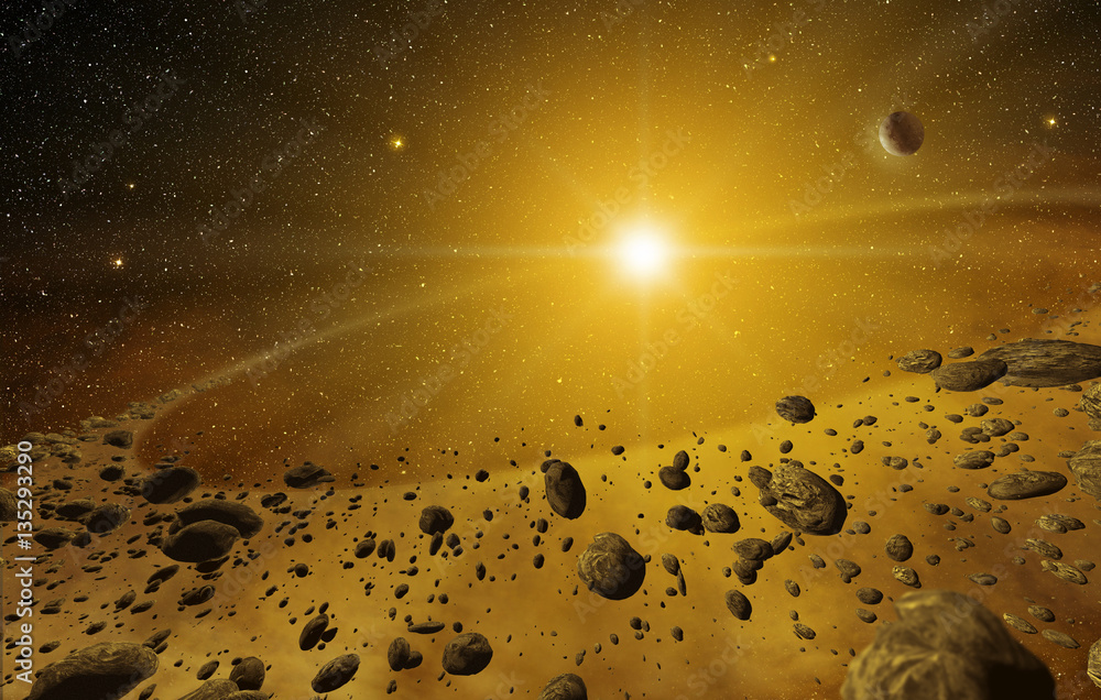 Poster shining explosion and scattered rocks in the outer space