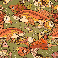 Retro pattern of different fish in the water