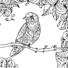 hand drawn vector illustration of doodle bird sitting on branch in leaves isolated on white background.