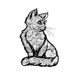 hand drawn ink dodle cat on white background. design for adults, poster, print, t-shirt, invitation, banners, flyers. sketch. vector eps 8.