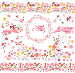 Floral summer elements with cute bunches of tulips, daffodinls and roses. Endless horizontal  pattern brushes. For romantic and easter design, announcements, greeting cards, posters, advertisement.