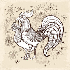 Hand drawn vector with rooster and chicken