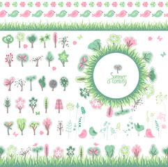 Summer elements. Phrase Summer is coming. Blossoming trees and flowers. Round frame. Template for your design, festive greeting cards,  announcements, posters.