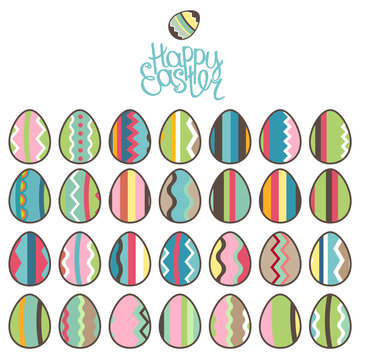 Easter spring set. Phrase Happy Easter, isolated painted eggs, Objects for your design, festive greeting cards,  posters.
