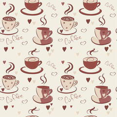 Seamless pattern with cute cups of coffee and hearts, vector illustration.