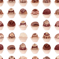 Seamless pattern with different kinds of chocolate candies - milk,dark,white chocolate. Objects on white. Endless texture for your design, announcements, cards, posters, restaurant menu.