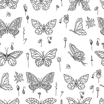 Seamless pattern with butterflies.  Black and white. Endless texture for your design, announcements, postcards, posters.