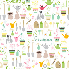 Seamless pattern with gardening tools, flower pots,herbs and vegetables.Endless texture for your design, advertisement, posters. © Anna Tyukhmeneva