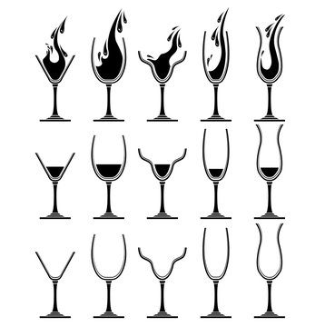 Set with different glasses for wine. Black and white. For your desing,restaurant and cafe menu.