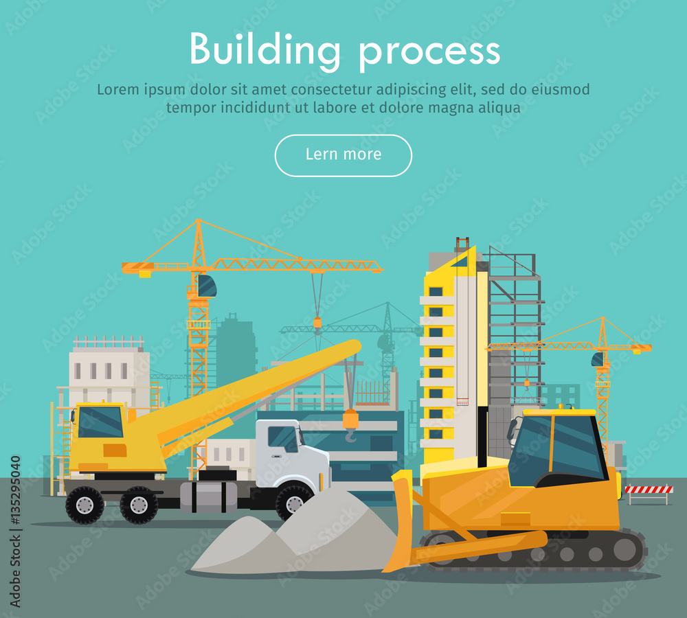 Poster building process web banner concept in flat style.