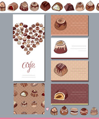 Template with different kinds of chocolate candies - milk,dark,white chocolate.   For your design, announcements, cards, posters, restaurant menu.