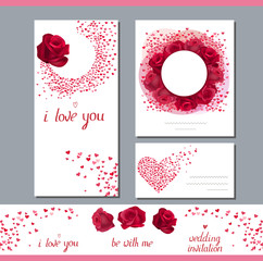 Templates with roses and small hearts.  Phrase I love you.   Symbols of love  for romantic design,  wedding invitations, advertisement.